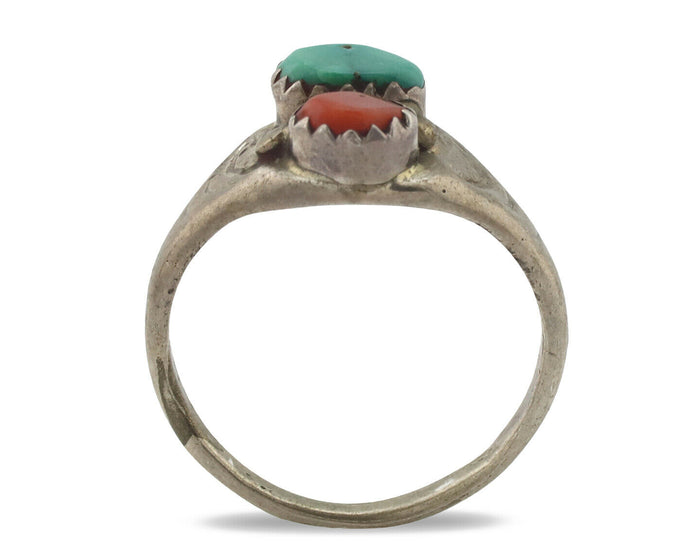 Zuni Ring .925 Silver Natural Turquoise & Coral Native American Artist C.1980's