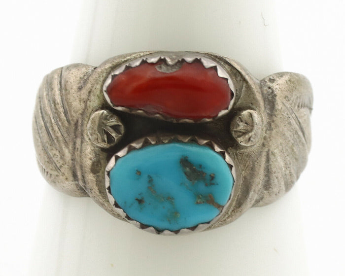 Zuni Ring .925 Silver Natural Turquoise & Coral Native American Artist C.1980's