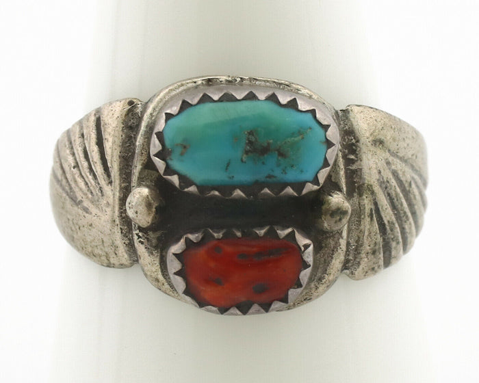Zuni Ring .925 Silver Natural Turquoise & Coral Native American Artist C.1980's