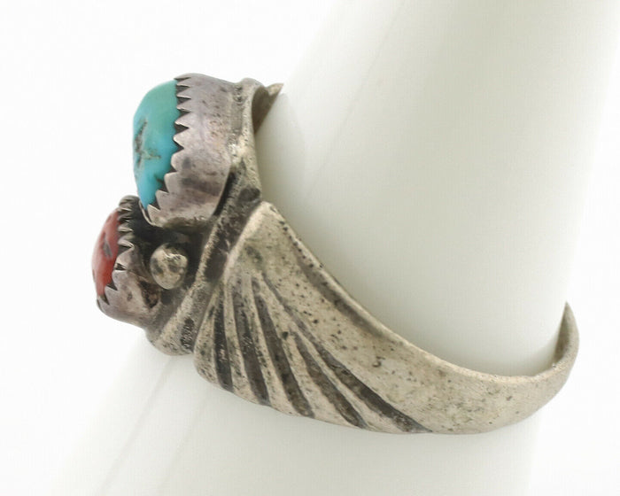 Zuni Ring .925 Silver Natural Turquoise & Coral Native American Artist C.1980's